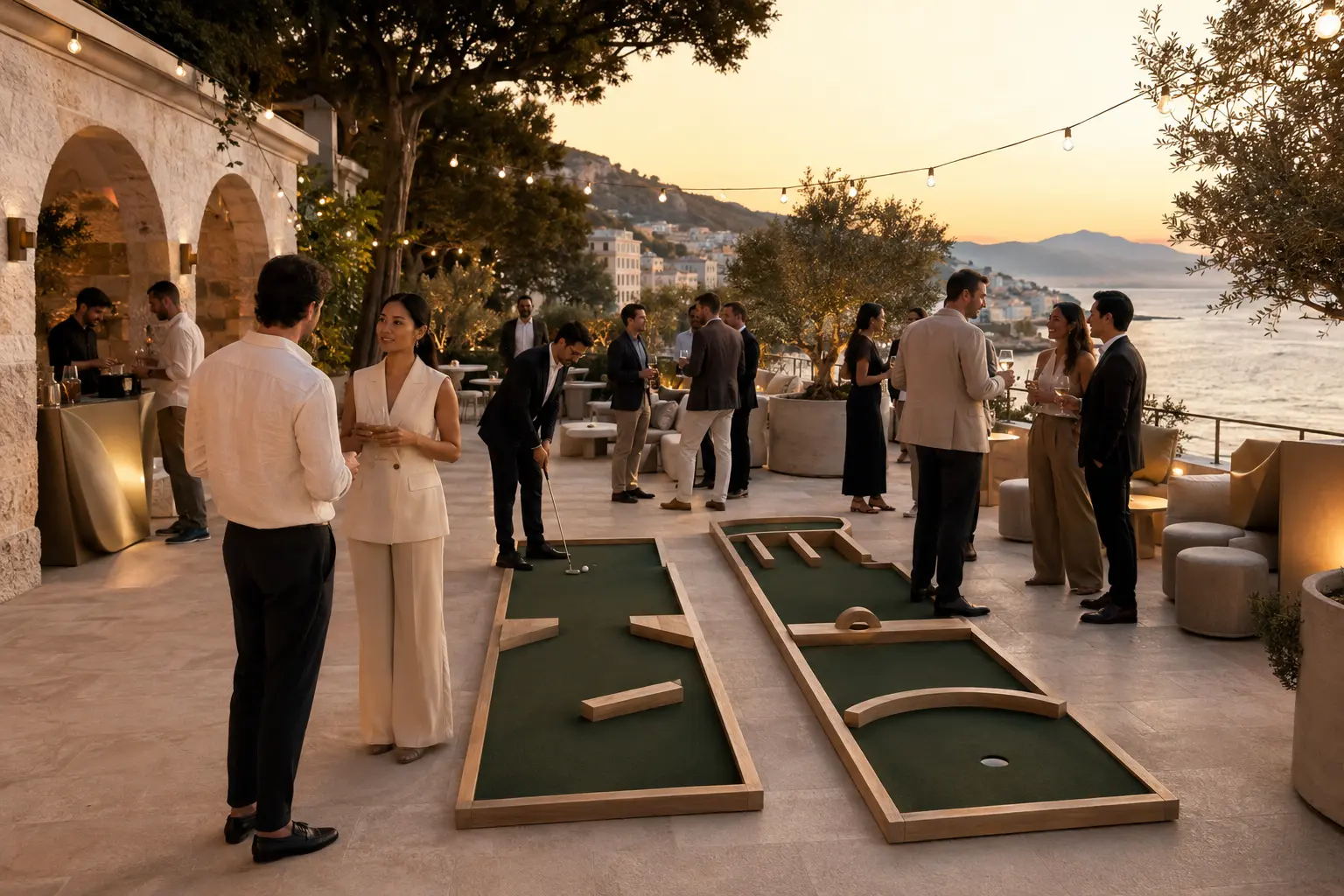 An elegant hosted mini-golf activation at a Croatian hotel terrace