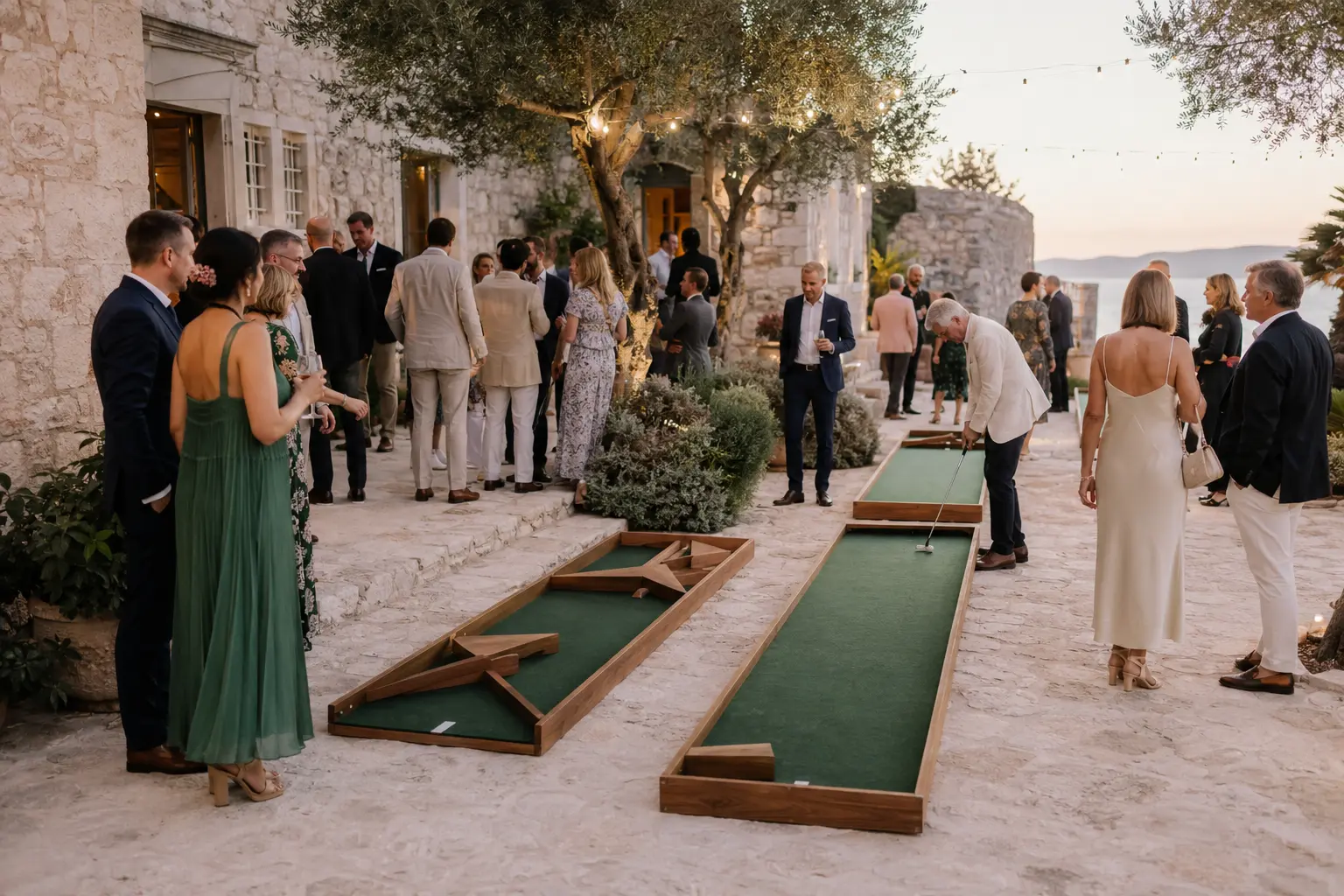 Mixed-generation wedding guests enjoying refined mini golf at a Croatian venue